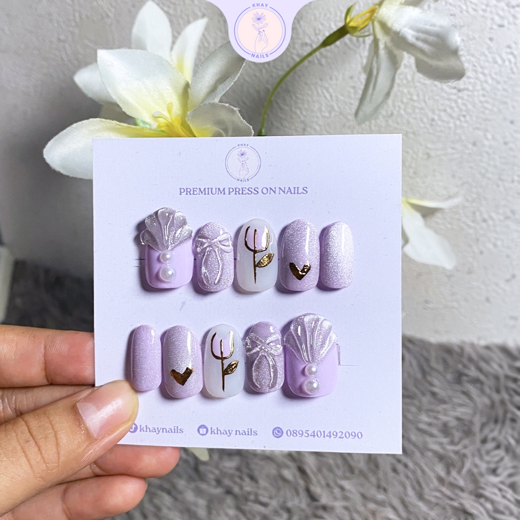 Kuku palsu/ nail art/ press on nails cat eye 3D emboss warna ungu motif bunga