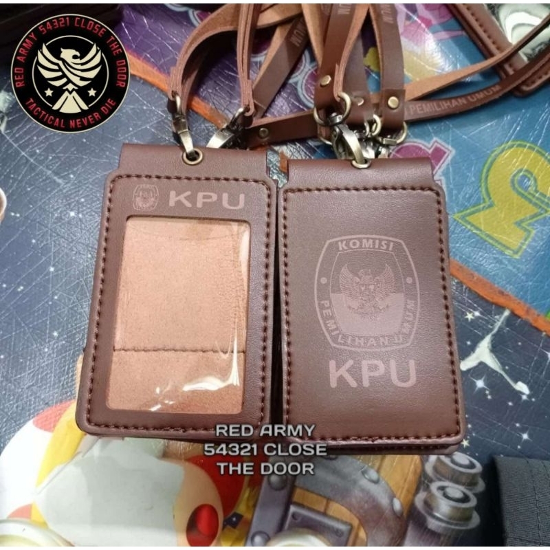 

Holder ID Card Tali Lanyard Name Tag Double Flip Magnet PU Leather Logo KPU Coklat Tua