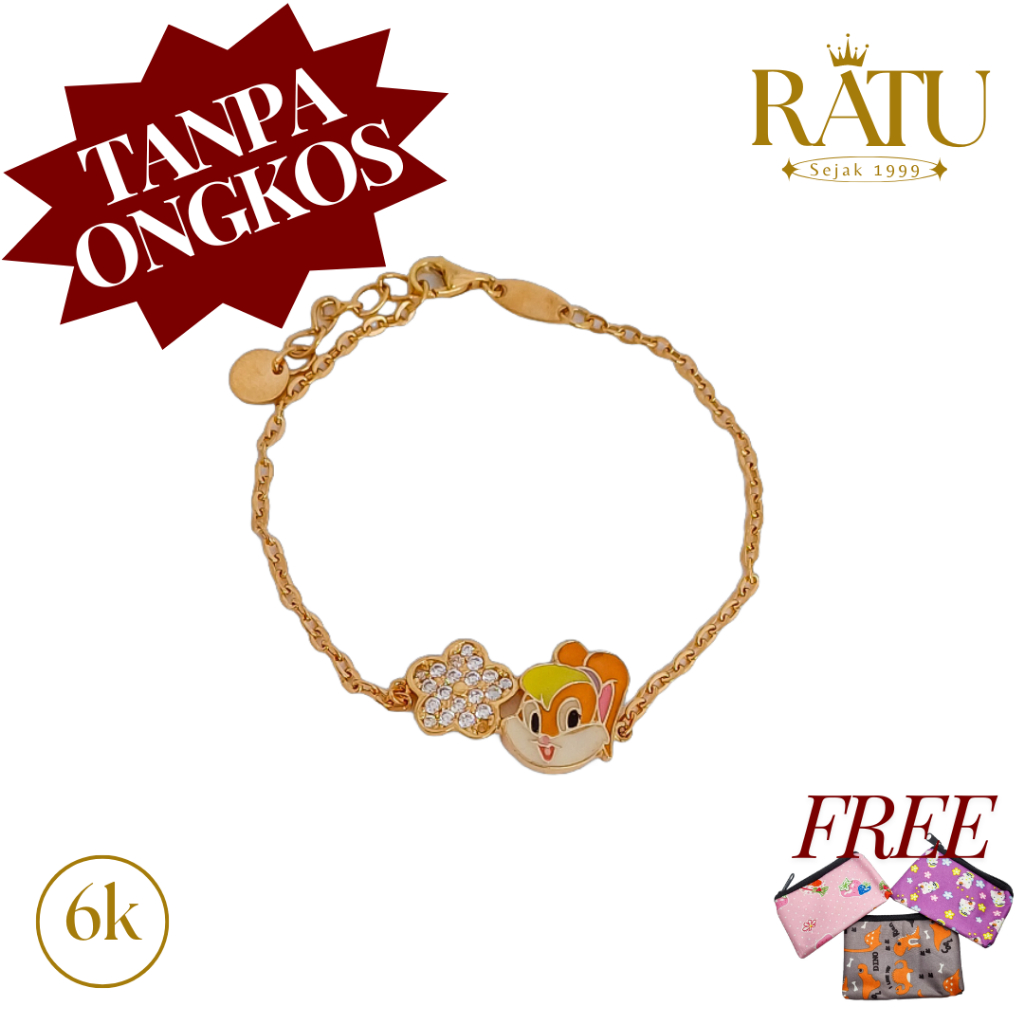Gelang EMAS ASLI Kadar 300 / 6K -  Anak Rantai Adjustable - Lola Bunny - Lotus
