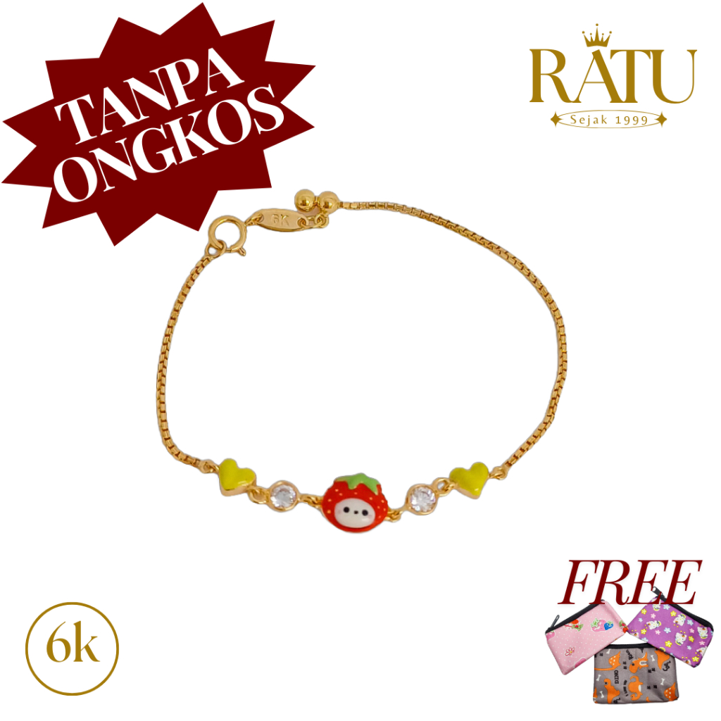 Gelang EMAS ASLI Kadar 300 / 6K - Anak Rantai Serut Strawberry - Lotus