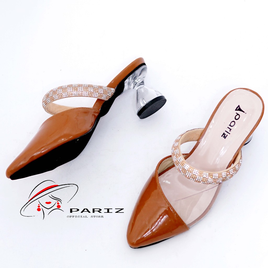 Sandal Selop Heels Wanita Tali Mutiara Hak Kaca