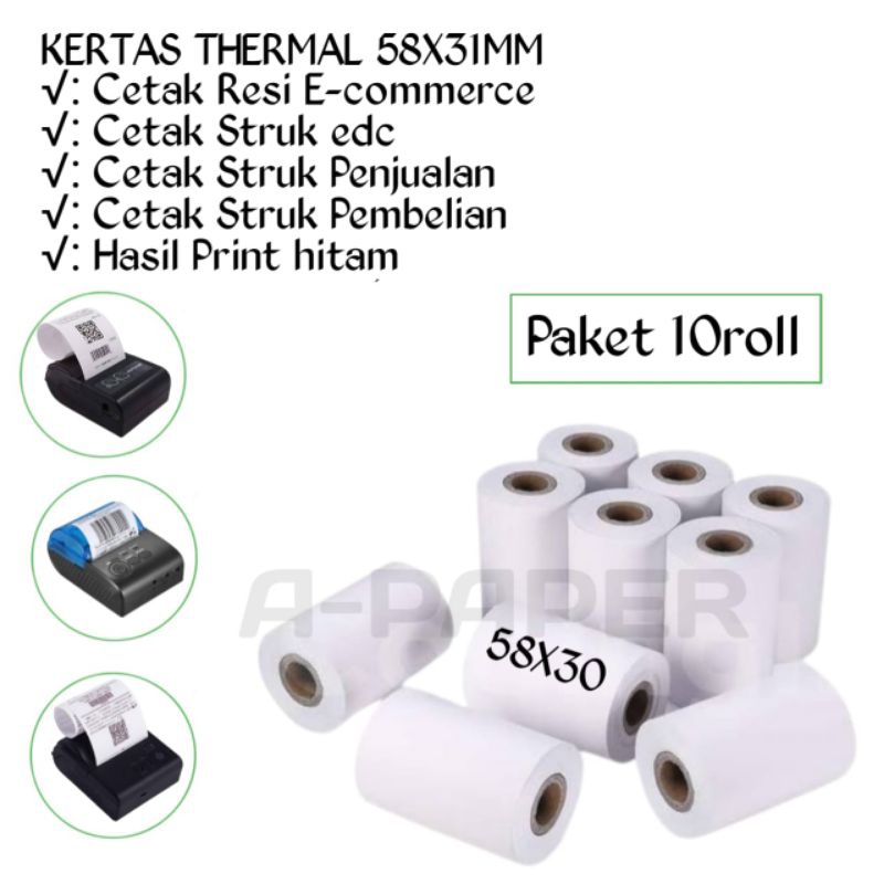 

Kertas thermal murah ukuran 58x31mm paket 10 pcs untuk mesin printer ukuran 58mm