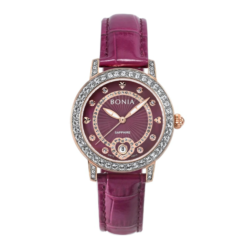 Jam Tangan Wanita Bonia Elegance Purple Dial Leather Strap Analog B10814-2567S Original