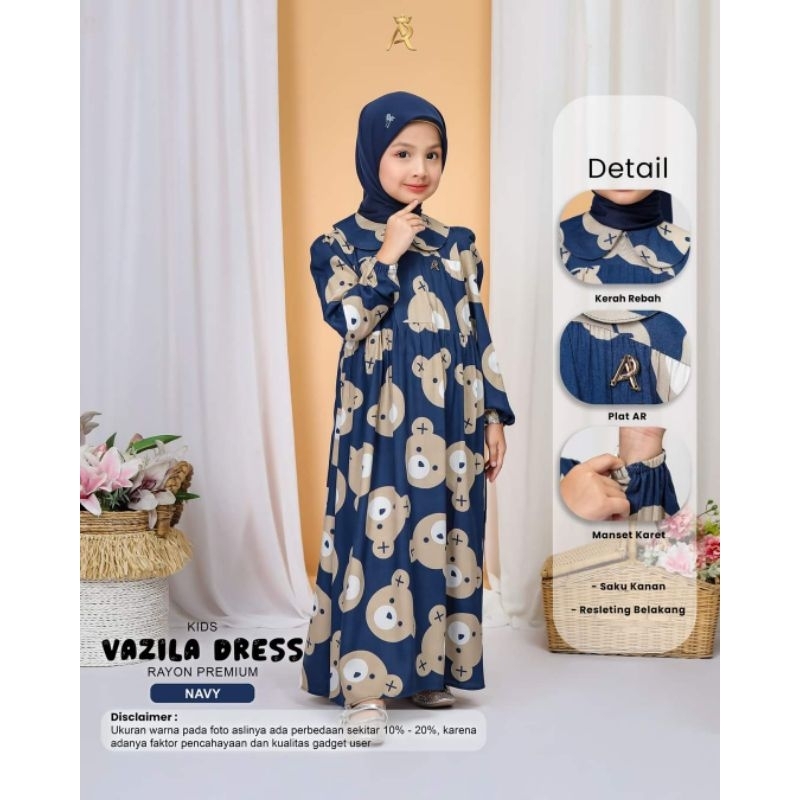 Vazila Dress Kids by Arrafi ORI Gamis Anak Motif Beruang Rayon Premium
