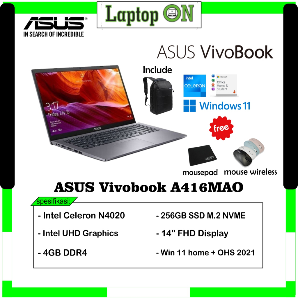 Laptop Asus Pelajar / ASUS A416MAO Intel N4020 Ram 4GB Ssd 256GB Win11 OHS Grey / Asus Intel N4020