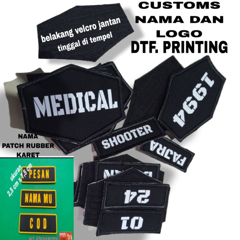 

NAMETAG CUSTOMS LOGO DTF PRINTING DAN TAG NAMA DESAIN PAPAN NAMA TEMPELAN KARET VELCRO