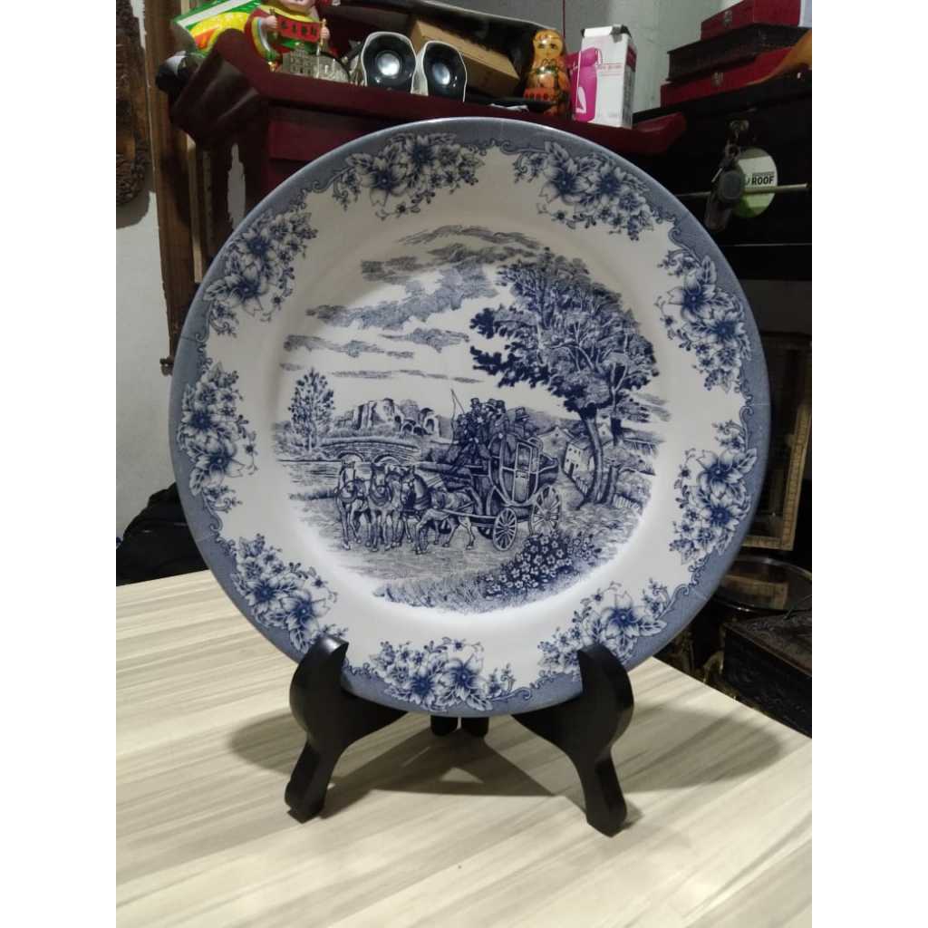 Piring Pajangan Keramik Eropa Biru Motif Berkuda Kuno Jadul Antik