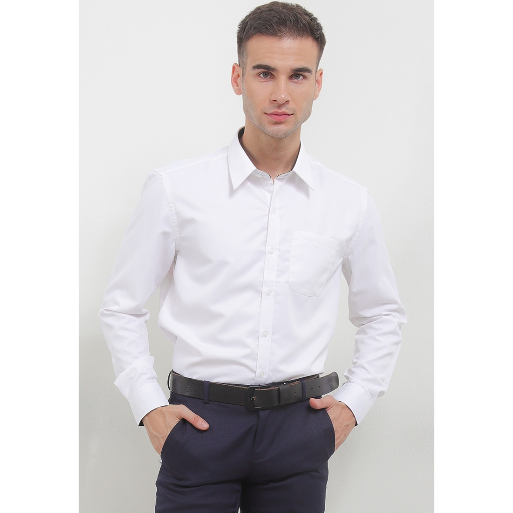 ZANETTI White Dobby Diamond Series Kemeja Hem Pria Basic Slim Fit Putih Lengan Panjang