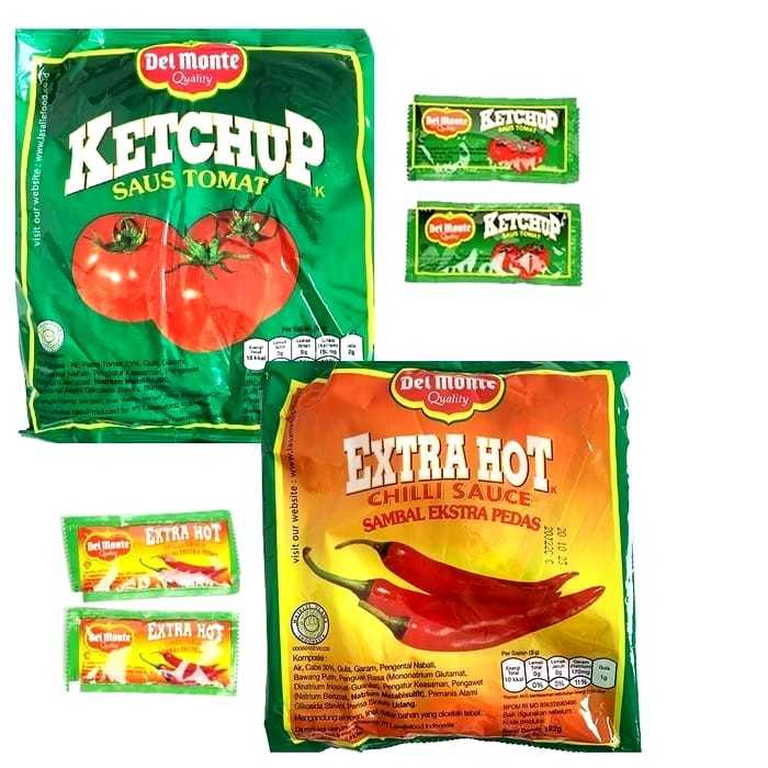 

Delmonte Saus saos extra hot dan tomat 8 gr (isi 24 sachet)