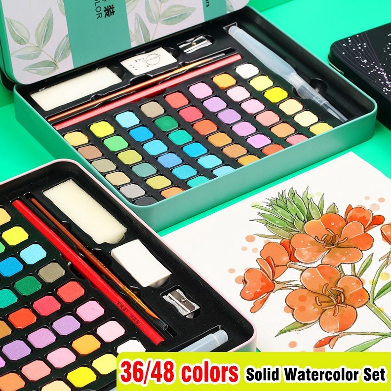 

KODE B7G8 3648 warna Solid Watercolor Paint Set Cat Air Padat Warna Terang Dengan Kuas Air Otomatis