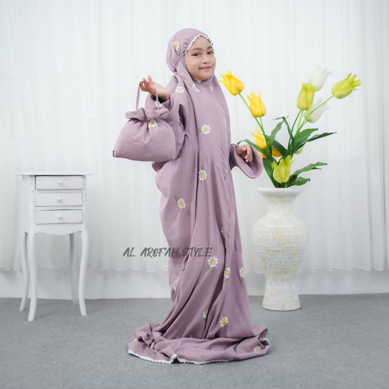 Mukenah Anak Perempuan Terusan Remaja Lajuran Madiena Bordir Bunga Katun Mikro Fashion Muslim Viral