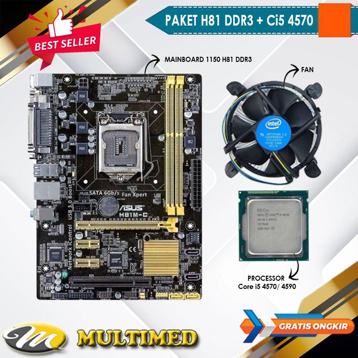 Paket Motherboard Mainboard Mobo LGA 1150 H81 DDR3 + Core i5 4570 + FAN