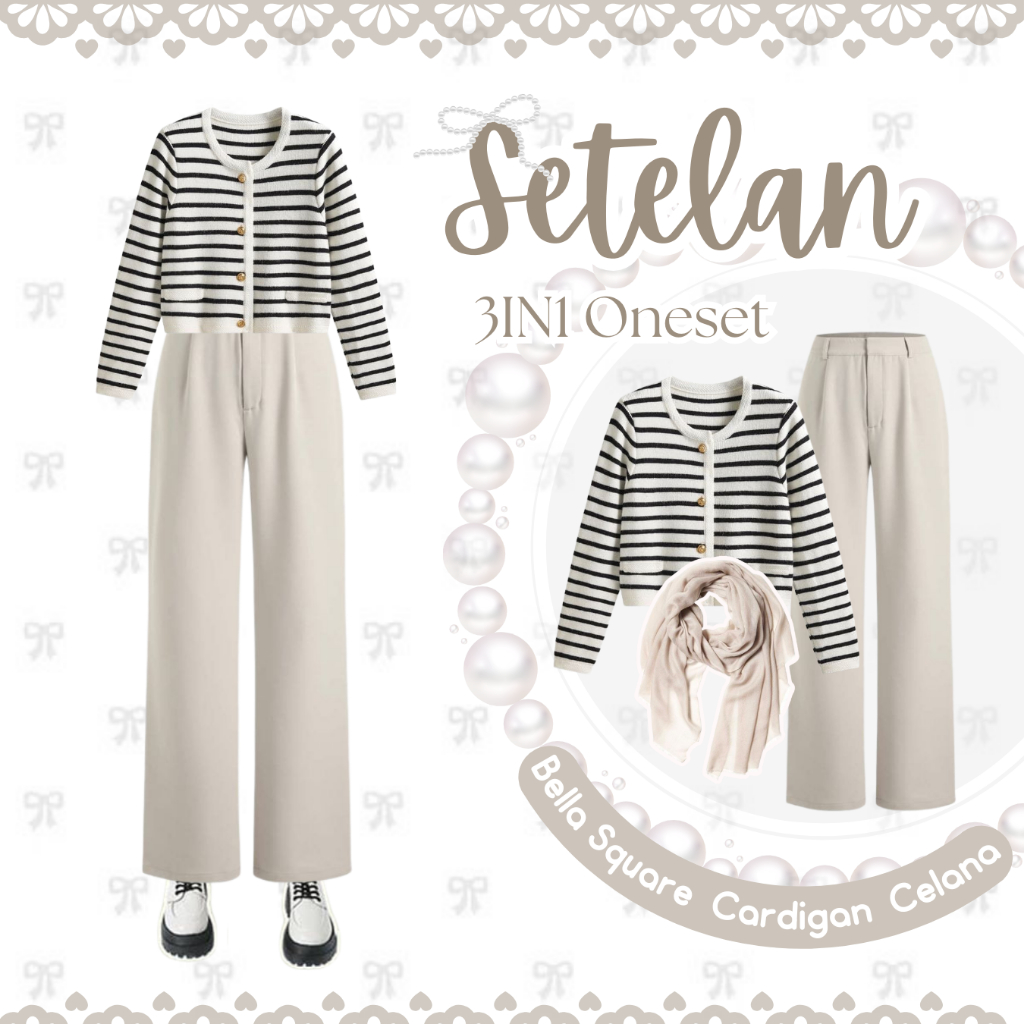 SND - AS30 | Outfit hijab style ala korea (Jilbab, Cardigan, Celana ) Baju setelan untuk kuliah