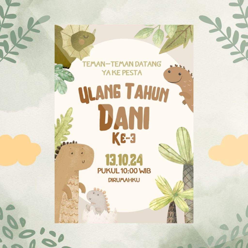 Undangan Ulang Tahun Birthday Invitation Ultah Anak tema dinosaurus B Potrait