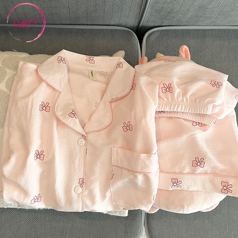 QHST Piyama Set Wanita Satin Pita Merah Muda Celana Pendek Lengan Pendek Baju Tidur Import