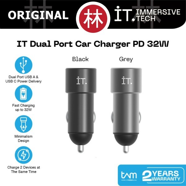 IT iBox IT Dual Port Car Charger Power Delivery 32W USB-A USB-C Fast Charging Garansi Resmi TAM PLUS