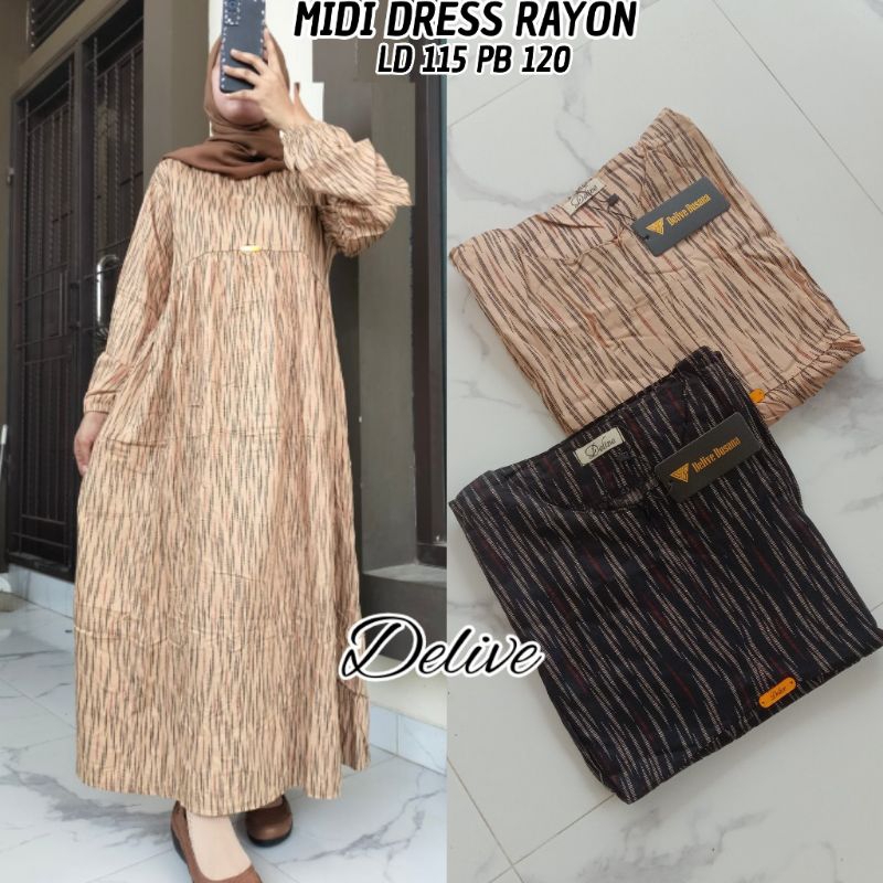 midi dress rayon motif salur|| midi dress rayon ||dress lengan pendek|| homey dress rayon