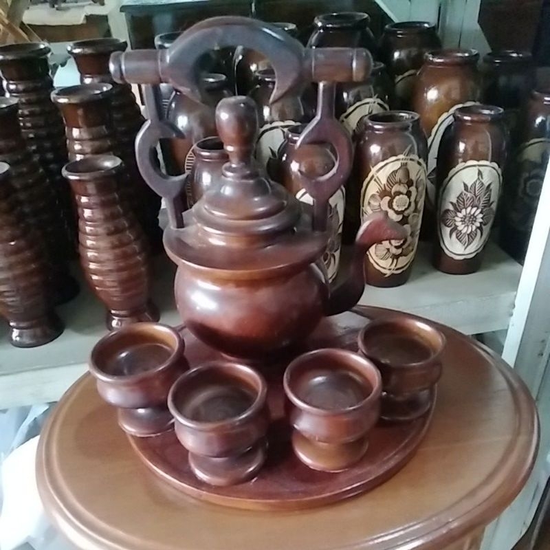 PROMO HIASAN MEJA TEKO KAYU JATI AESTHETIC DENGAN 4 GELAS