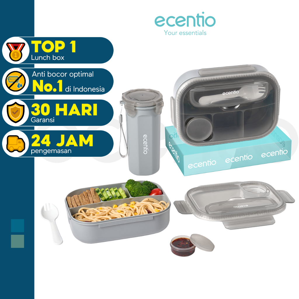 ecentio 1200ml lunch box set 4 Grid anti bocor tempat bekal makan dan tempat minum anak kotak makan 