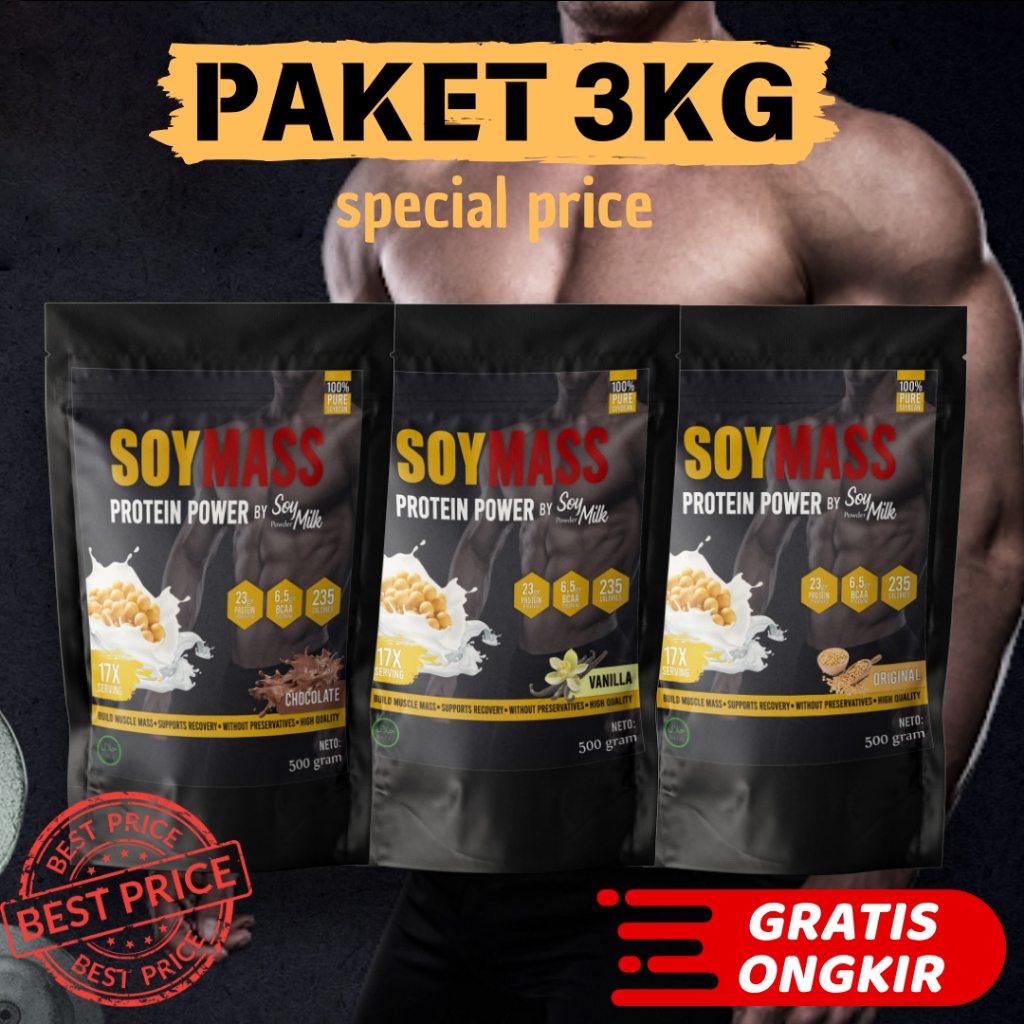 

Susu Kedelai Bubuk Tinggi Protein SOYMASS Paket 3 Pack/3kg Whey Protein