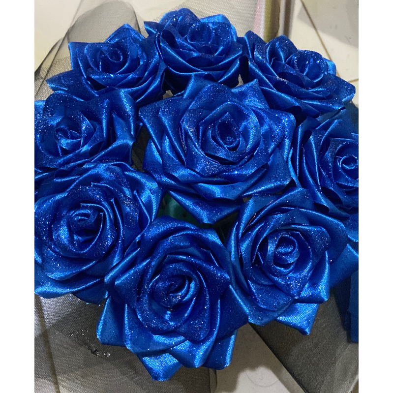 Bunga Tangkai Satin Biru semi gliter
