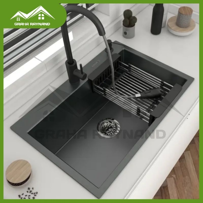 Paket Kitchen Sink 1 Lubang Black Edition | Ukuran 68 cm × 45 cm