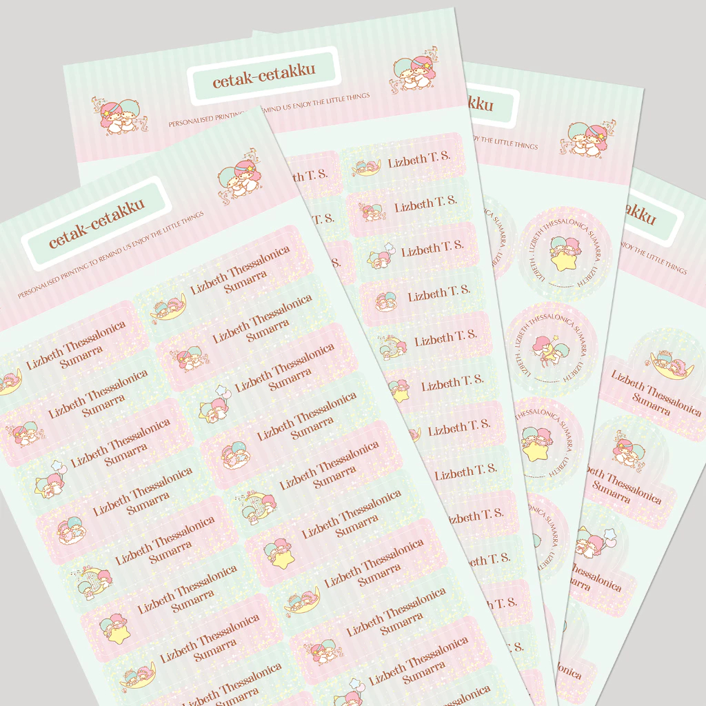 

LITTLE TWIN STARS / STICKER NAMA COMBO PACK - 103 pcs (4 Bentuk , 4 Ukuran) / Sticker Vinyl Waterproof (Tahan Air & Anti Sobek) / Label Sekolah / Label Nama Anak