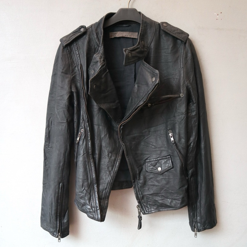 Zara kulit domba jaket kulit asli ramones cewek wanita biker rider leather jacket Pl bekas preloved 