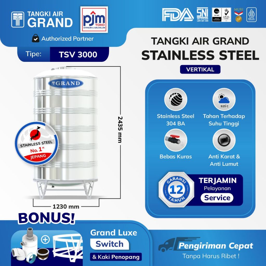 Toren Tandon Air Tangki Stainless Grand TSV 3000 Anti Lumut Halal Toko PJM