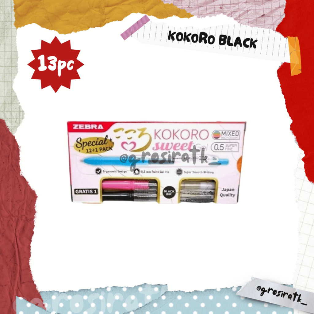 

Zebra Pulpen Kokoro Sweet 13 Pcs / Kokoro Sweet 1 Lusin (tinta hitam 0.5) Free 1 Pcs