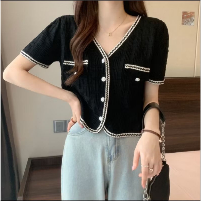 atasan rajut crop top import korea cardigan lengan pendek- hitam