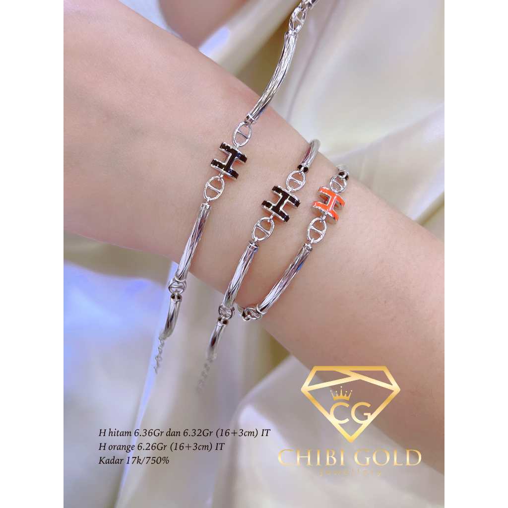 CHIBI GOLD Gelang Putih Abjad H Black and Orange 750 Kadar 17K