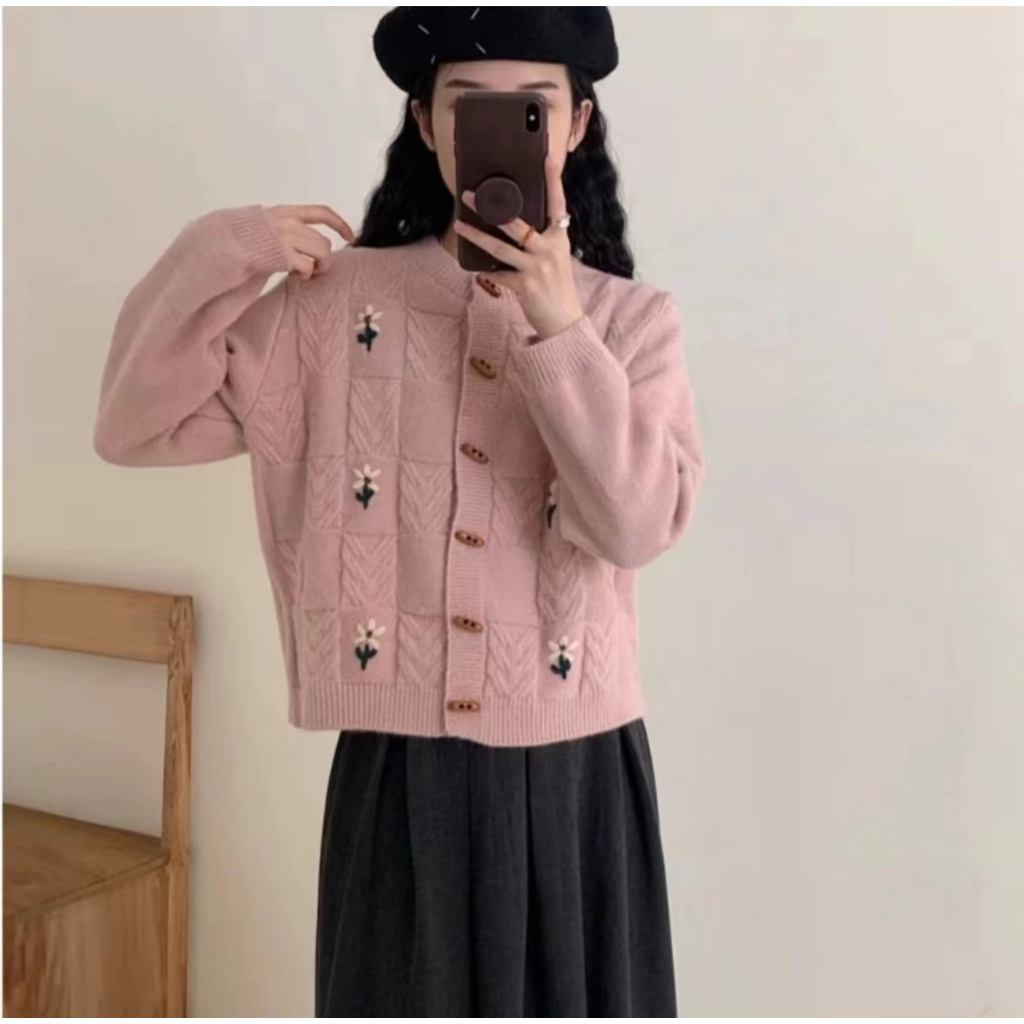 Cardigan Rajut Knitwear Blossom Motif Bunga Knit Bunga Matahari