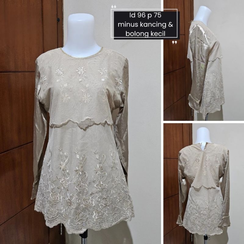 blus tunik preloved dress renda bordir bunga mini flower layer coklat cream