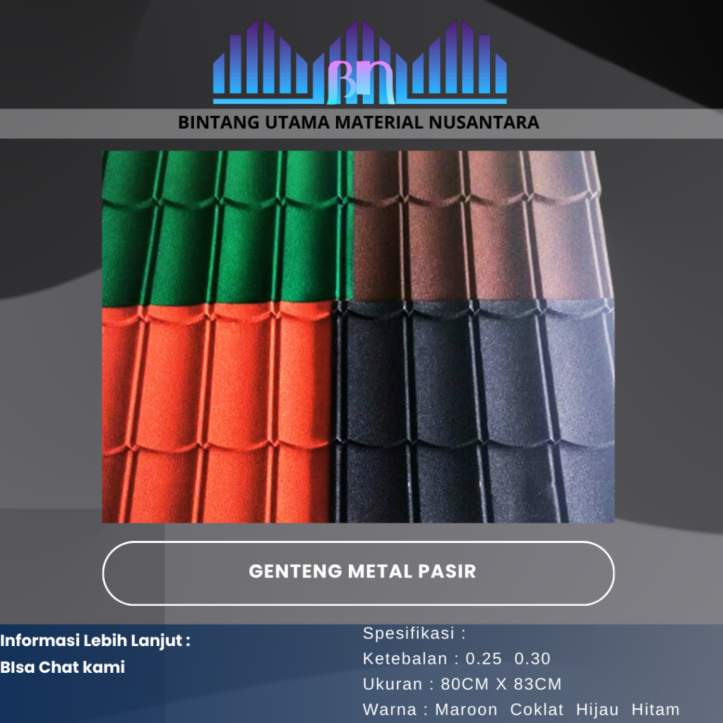 Genteng Metal Pasir / Atap Metal Pasir / Tebal 0,25 - 0,30 / Merah Maroon - Hitam - Coklat - Hijau