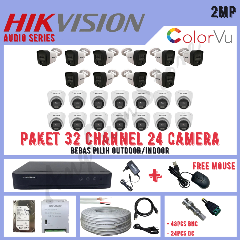 Paket CCTV Hikvision ColorVu 2MP 32 Channel 24 Kamera ColorVu Turbo HD 1080P Audio Series