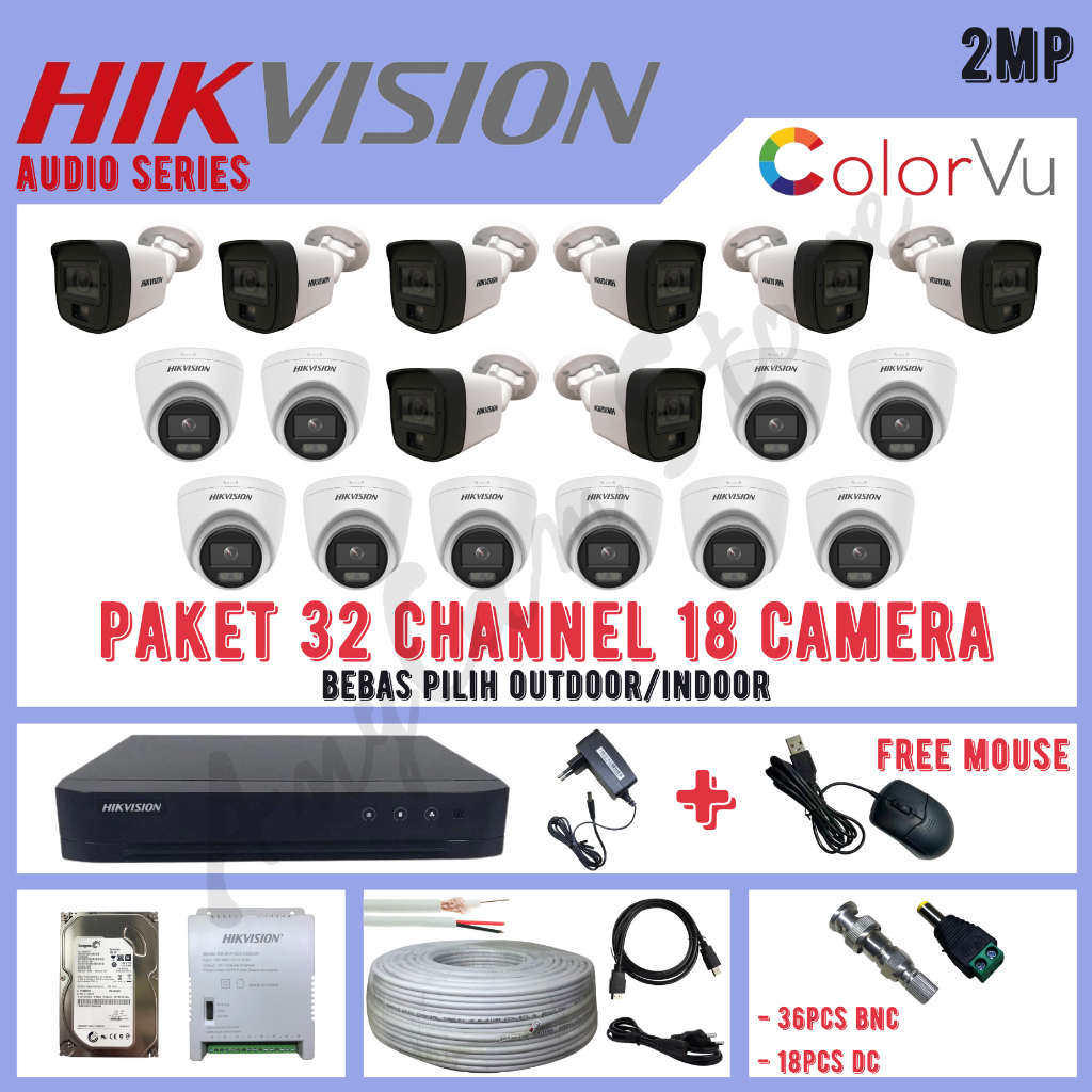 Paket CCTV Hikvision ColorVu 2MP 32 Channel 18 Kamera ColorVu Turbo HD 1080P Audio Series