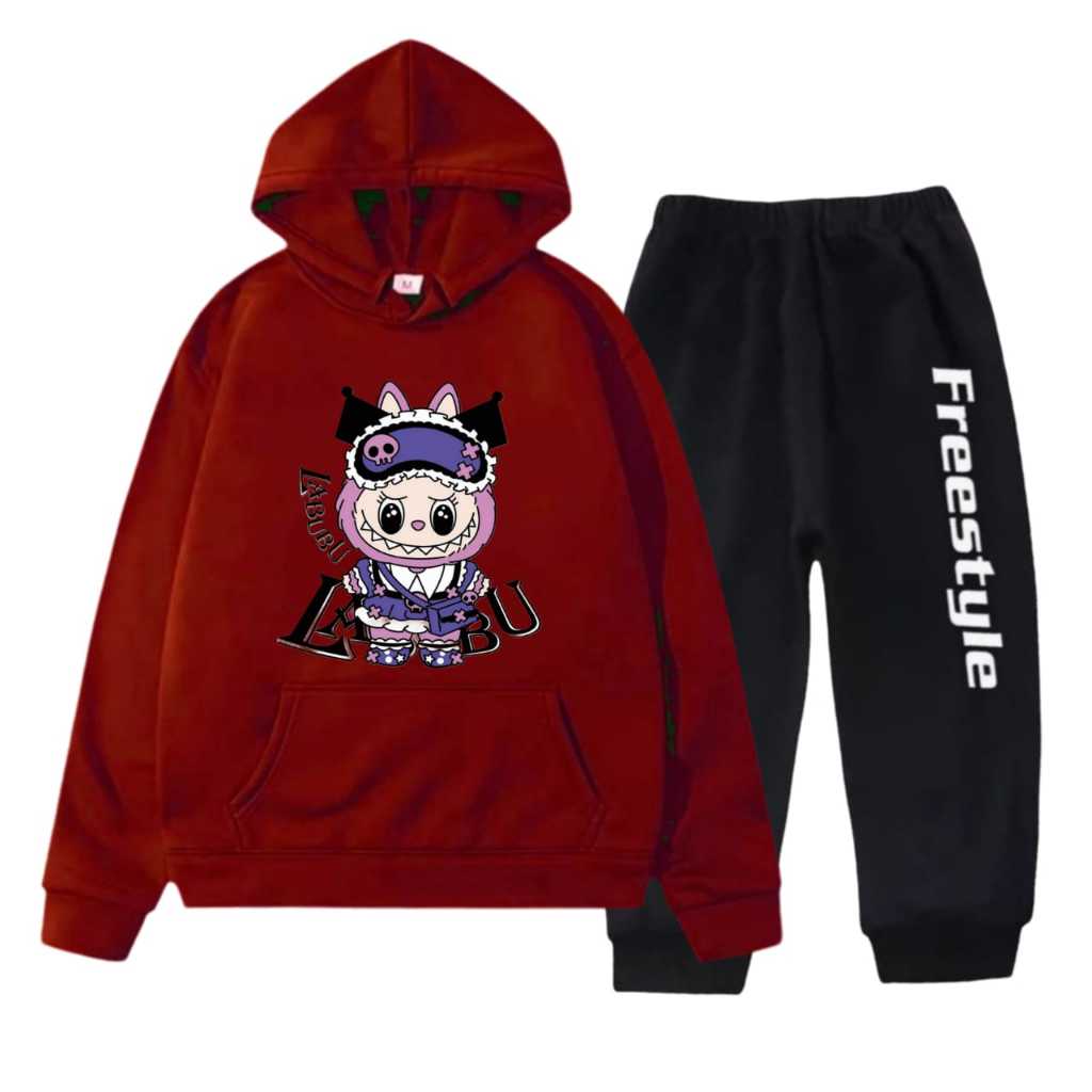 Setelan Hoodie Anak Unisex Outer Hodie Anak Unisex Motif Labubu Ungu