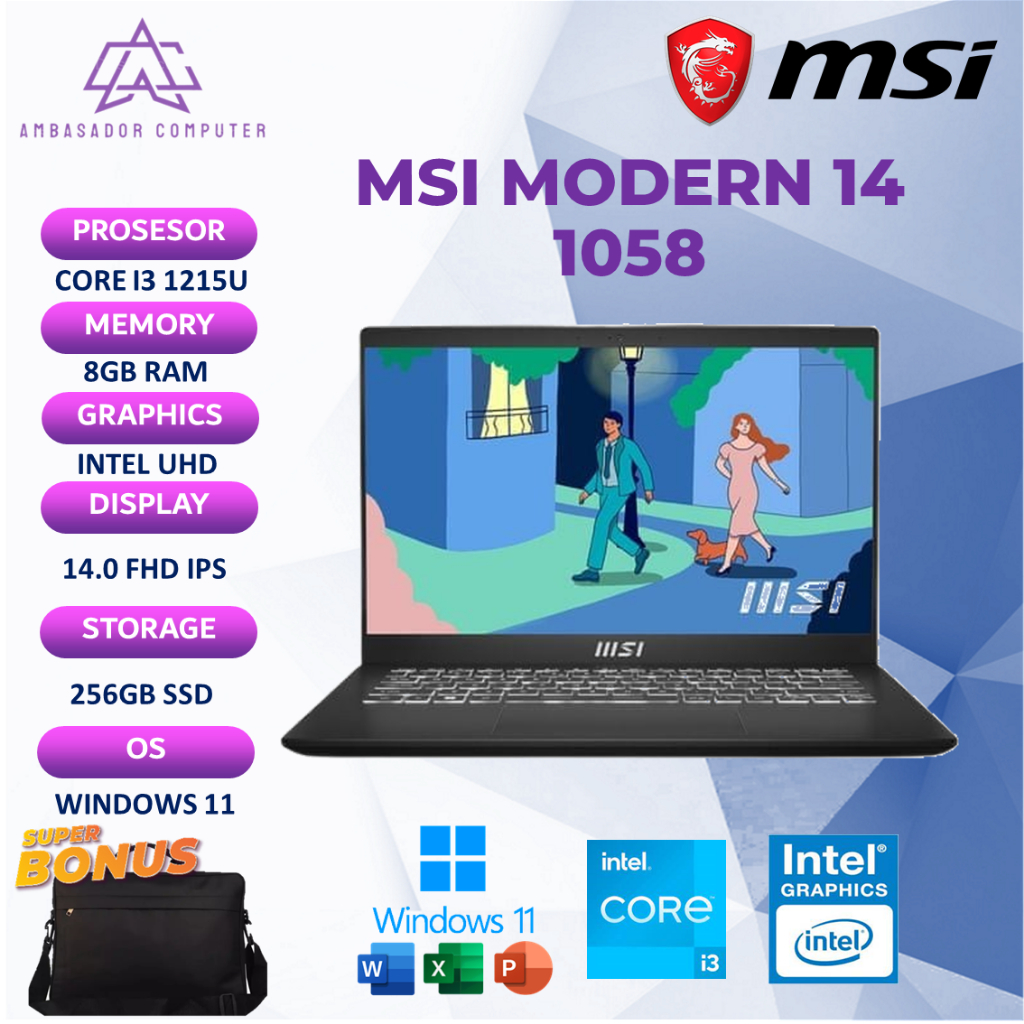 Msi Modern 14 i3 1215U 8Gb 512Gb Full HD Windows11+OHS