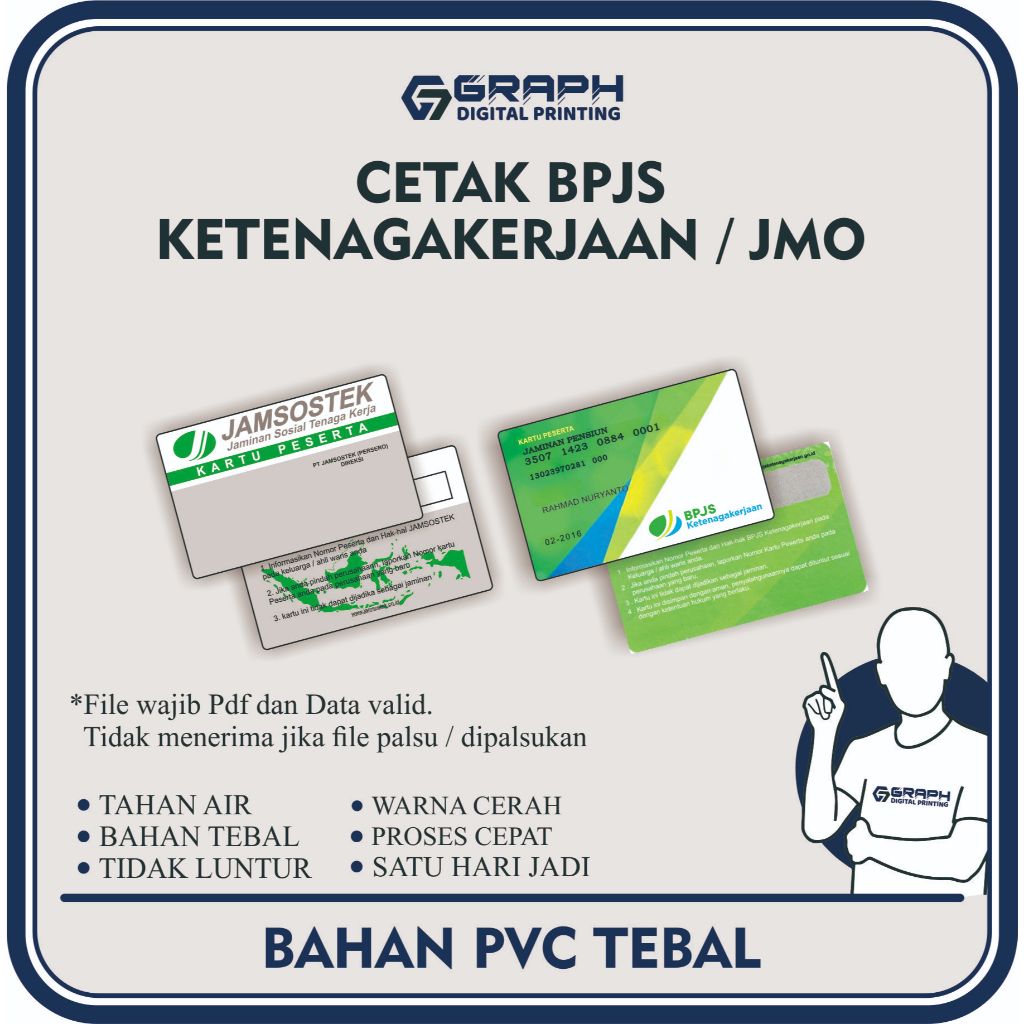 

Cetak Kartu JMO / BPJS Ketenagakerjaan Bahan PVC TebaL Depan Belakang | Sehari Jadi