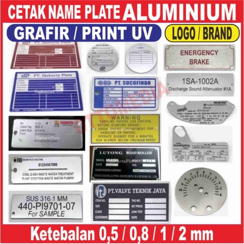 

CETAK NAME PLATE / PLAT PANEL / LABEL MESIN / SIGN PLAT LOGO MERK KNALPOT ALUMINIUM CUSTOM MURAH