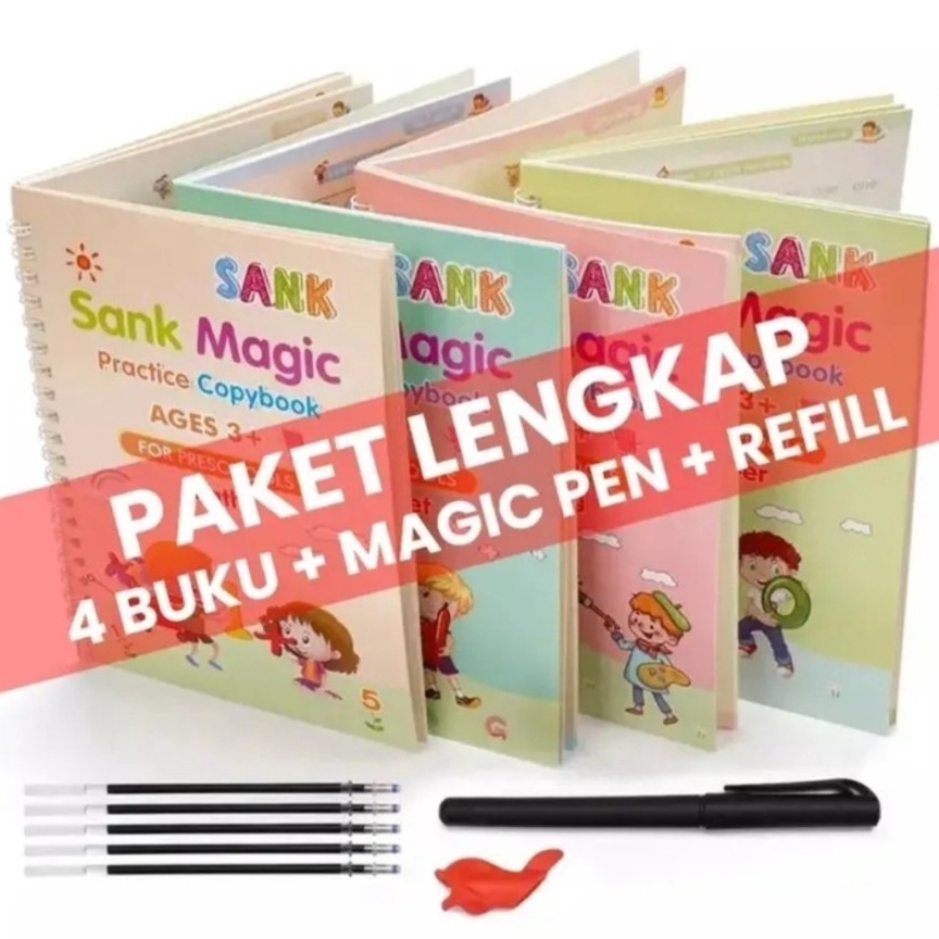 

Super Style 1 Set Dapat 4 Buku Pena Magic Practice Book Belajar Alfabet Lukisan Aritmatika