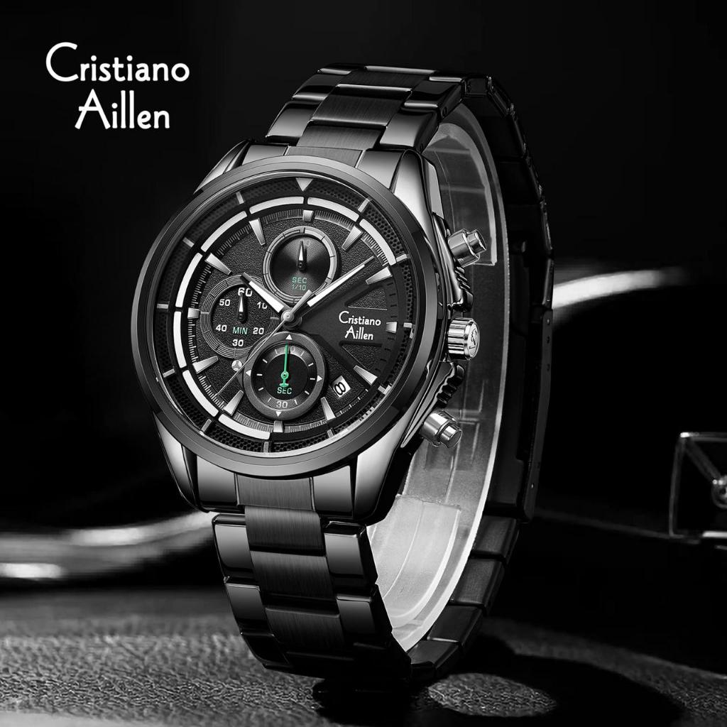 JAM TANGAN PRIA CRISTIANO AILLEN CA 8890 RANTAI STAINLESS STEEL CRONOGRAFH WATER RESISTANT 30ATM