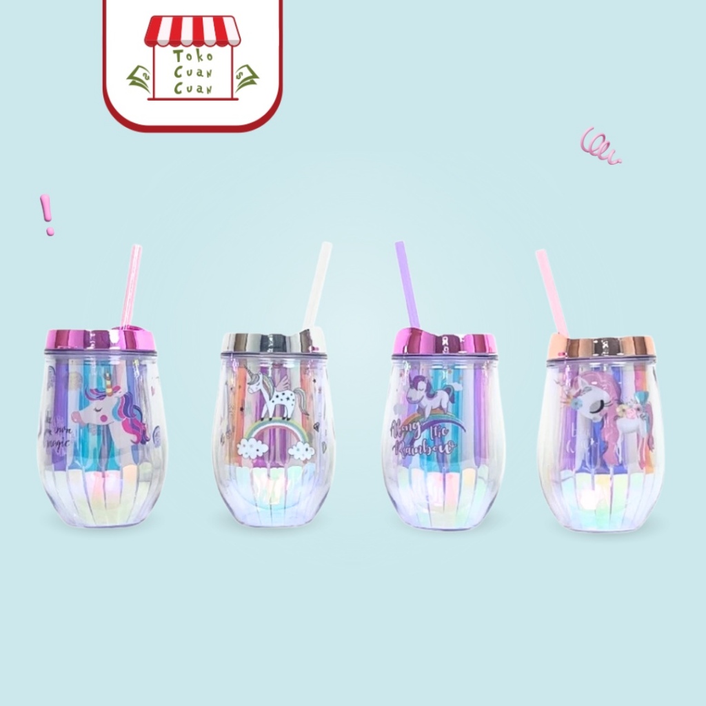 TCC BPA FREE Hologram Tumbler Unicorn Tumbler Lucu Dengan Sedotan Tumbler Plastik Gelas Plastik
