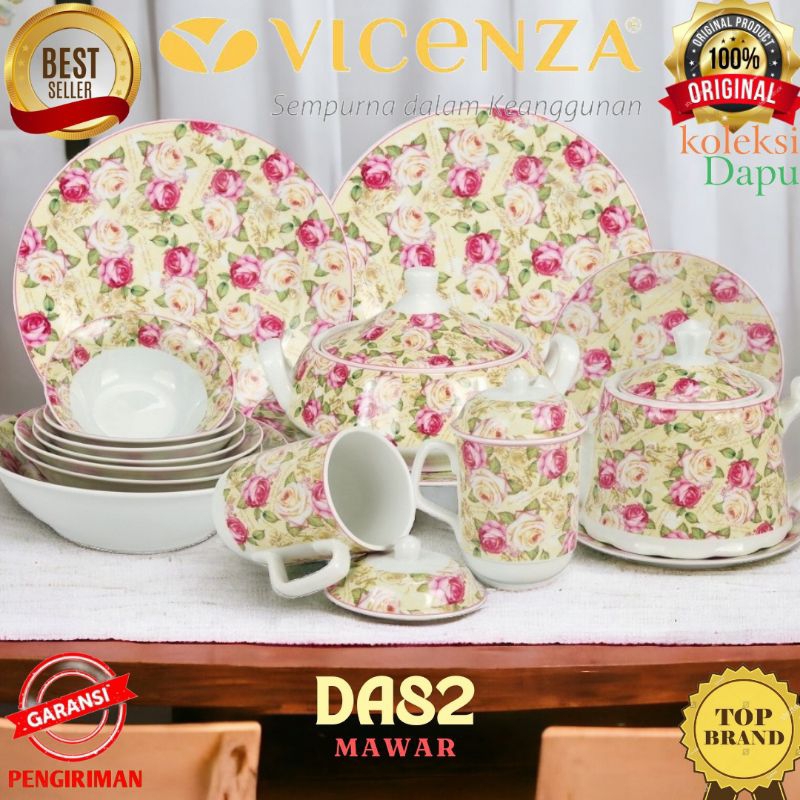 Set PERANGKAT MAKAN VICENZA lengkap tipe DA82 Motif BUNGA MAWAR, dari Piring Mangkuk, Wadah sup, hin