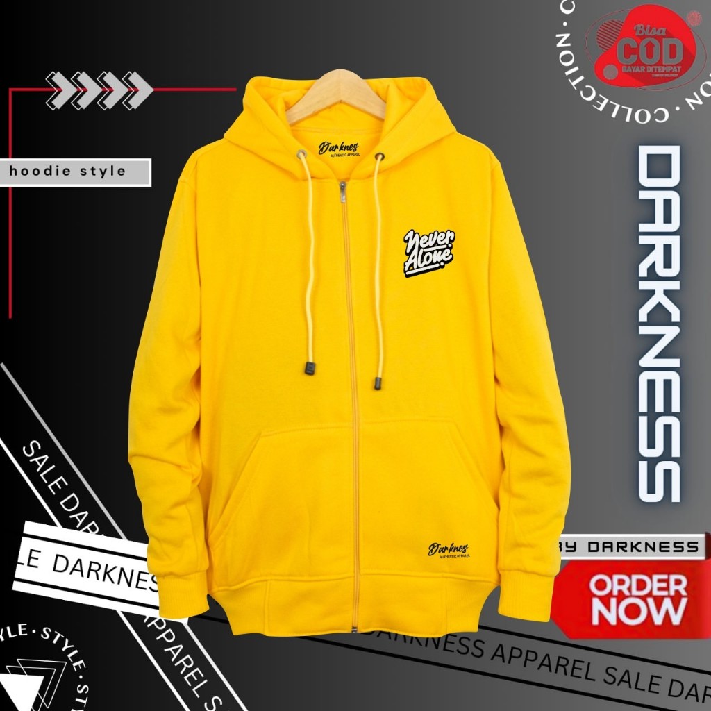 jaket hoodie premium bahan tebal brand drakness warna kuning sablon simple zipper pria unisex cod