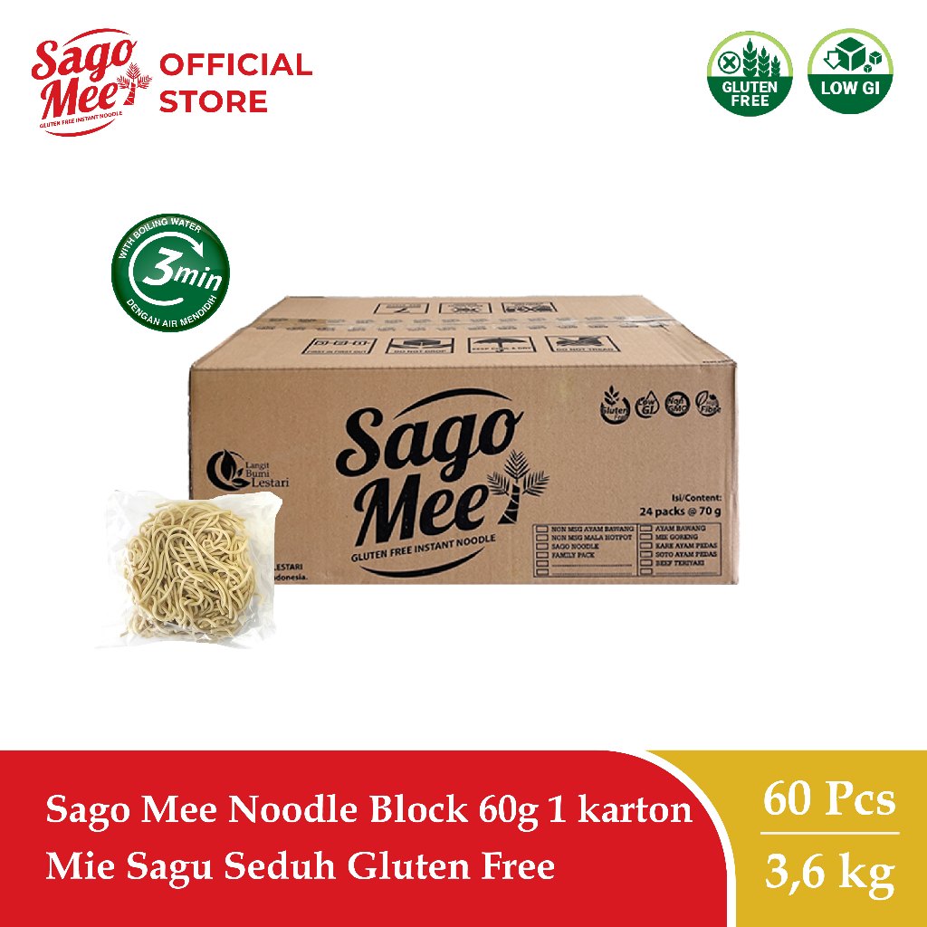 

Sago Mee Noodle Block 60g 1 karton Mie Sagu Seduh Gluten Free