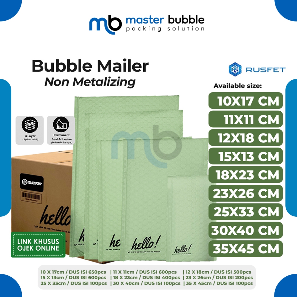 Amplop Envelope Bubble Mailer Hijau  / Security Bag Mailer Rusfet Harga Per Dus (Khusus Ojek Online)