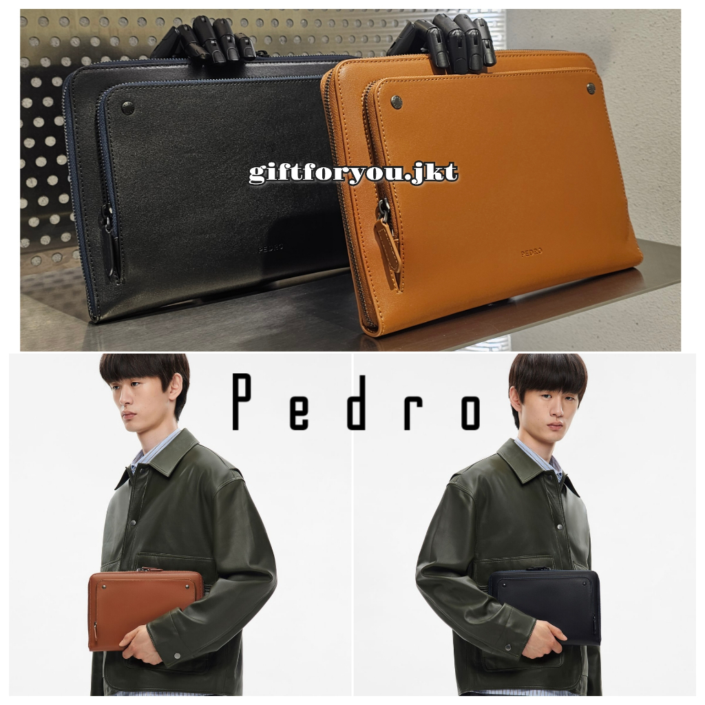 Tas Pedro Leather Clutch Bag Man Cowok Pria Fashion Casual Kasual Black Cognac Branded Premium Colle
