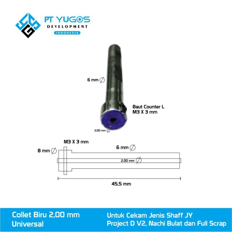 Collet Biru Ukuran 2.00 mm for mesin bubut YUGOS